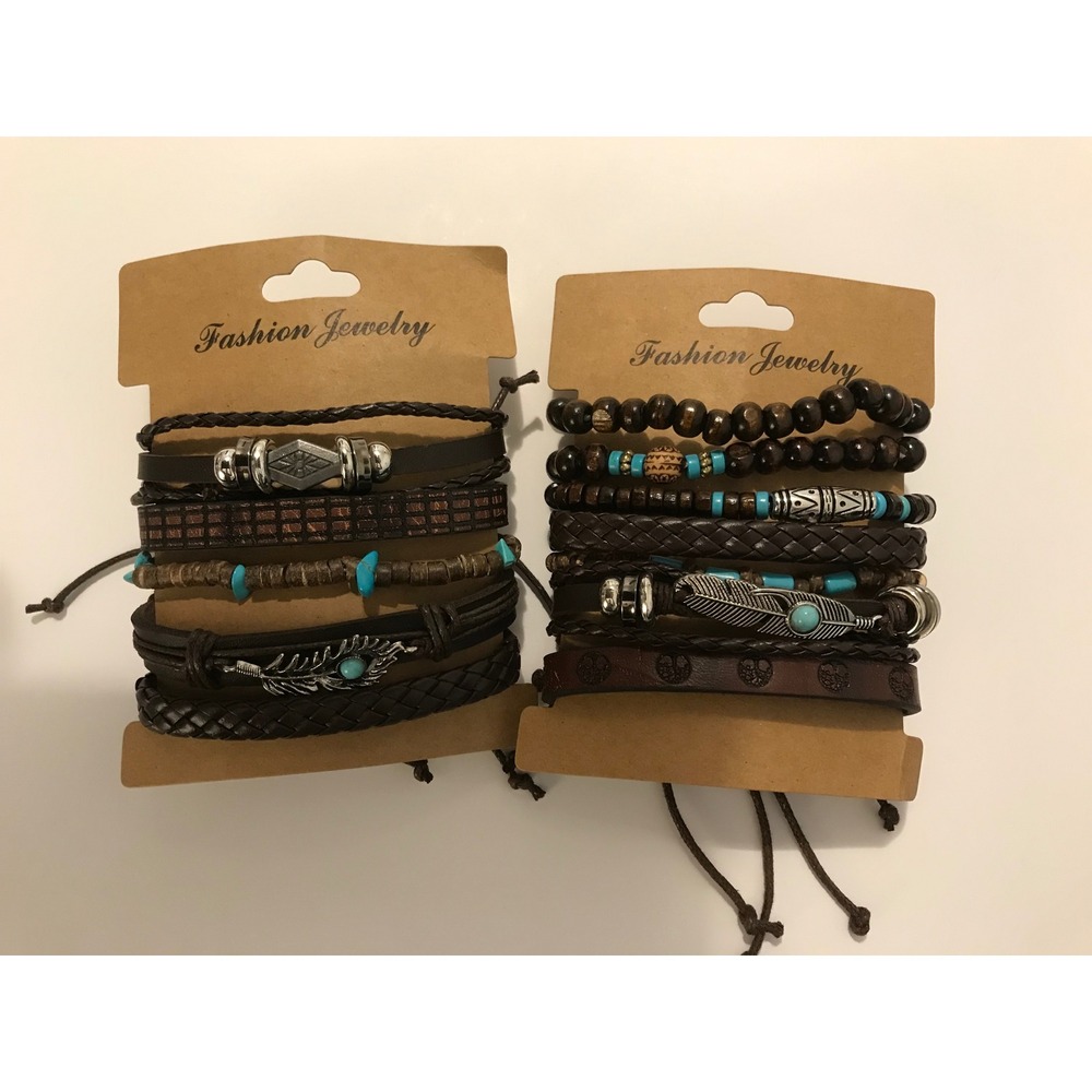 Leather Wrap Bracelet Set Brown Beaded Feather Turquoise Boho 12 bracelets